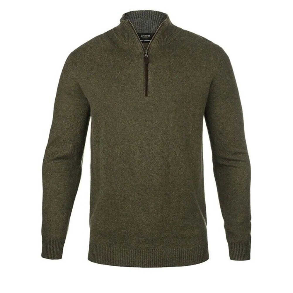 Forte Cashmere mens Suede-Trim Cashmere Mock Sweater Olive green‎ Size L